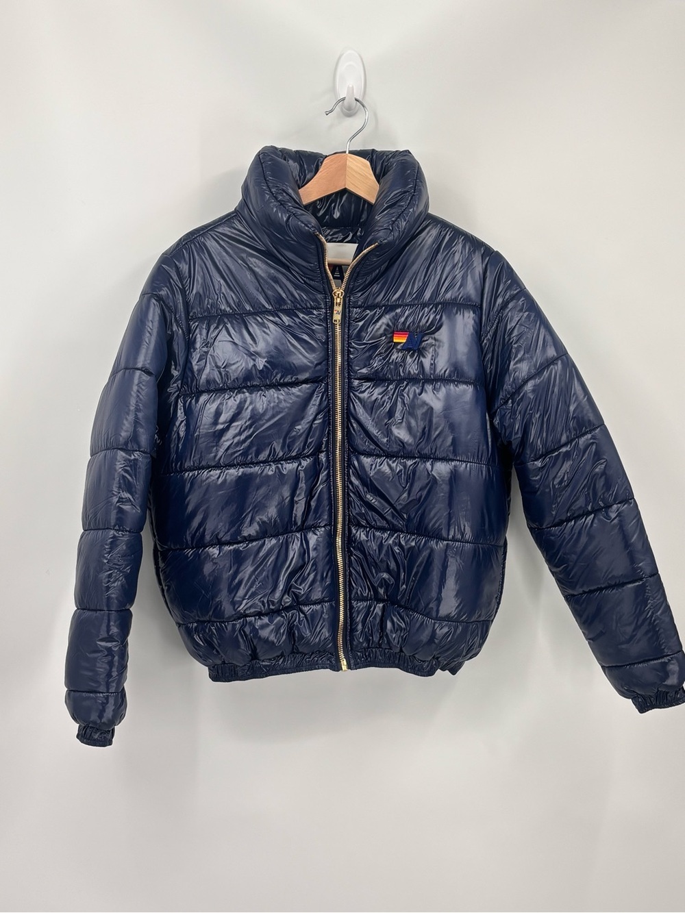 Aviator Nation Bolt Luxe puffer navy yellow glossy jacket /Coat Medium - Picture 4 of 9